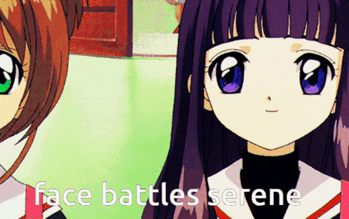 a picture of two anime girls with the words face battles serene below them