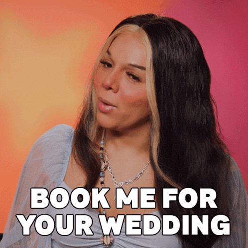 a woman says book me for your wedding on a pink and orange background