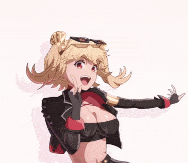 a girl with red eyes is wearing glasses and a black top