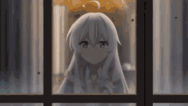 a girl with long white hair is looking out a window .