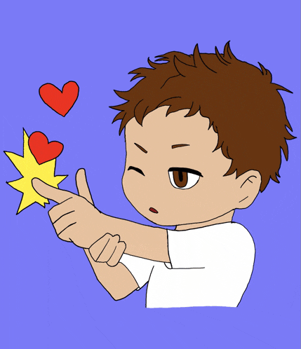 a cartoon drawing of a young boy pointing at a heart