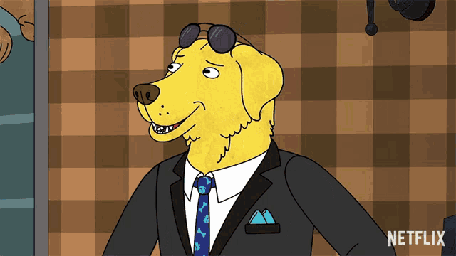 a cartoon of a yellow dog in a suit and tie with netflix written on the bottom