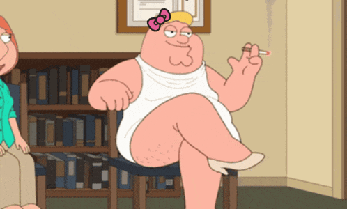 a cartoon of peter griffin smoking a cigarette with a pink bow on his head