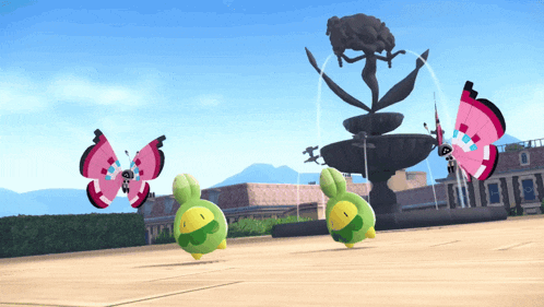 three butterflies are flying in front of a fountain in a city