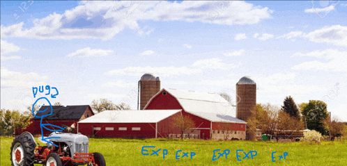 a tractor is parked in front of a farm with a red barn and silos