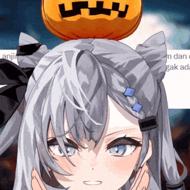 a drawing of a girl with a pumpkin on her head with a smiley face on it