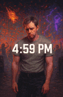 a man is standing in front of a fire with the time 4:59 pm