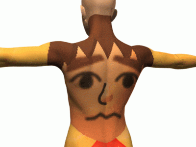 a cartoon character has a face painted on the back of his body