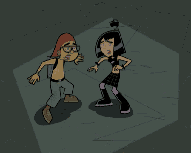 two cartoon characters are hugging each other and one has a backpack on his back