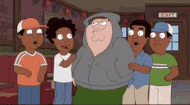 a group of cartoon characters are standing around peter griffin in front of an exit sign .