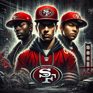 a group of men wearing 49ers hats stand together