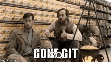 two men are sitting next to each other in front of a pot of food in a store .