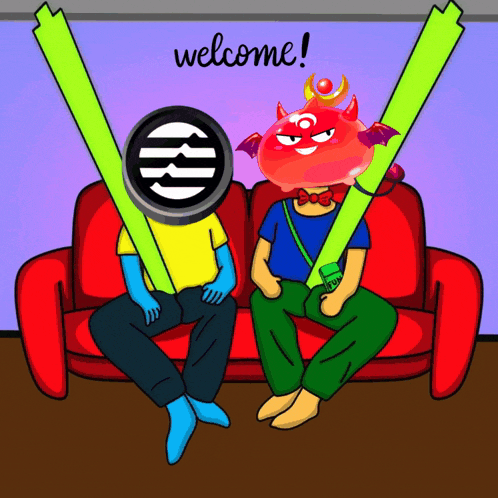 a cartoon of two people sitting on a red couch with the words welcome written on the bottom
