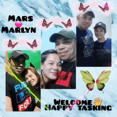 a collage of photos of a man and a woman with the words welcome happy tasking on the bottom