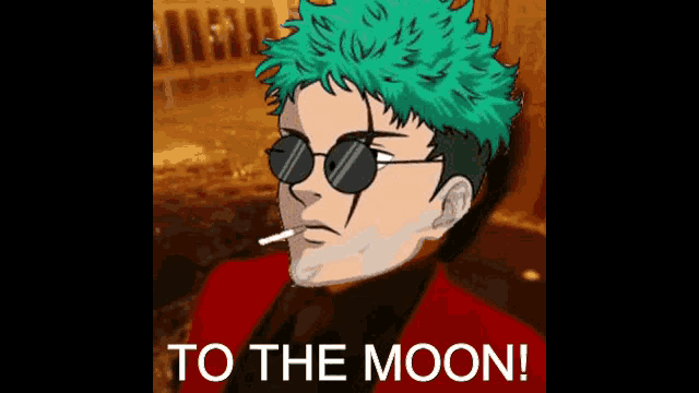 a man with green hair and sunglasses is smoking a cigarette and says to the moon