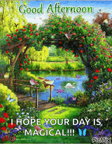 a good afternoon greeting card with a painting of a garden and a river