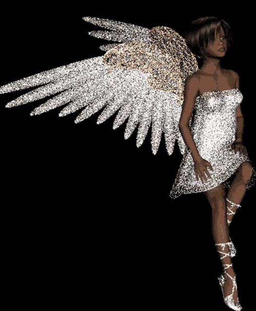a woman in a white dress with gold wings
