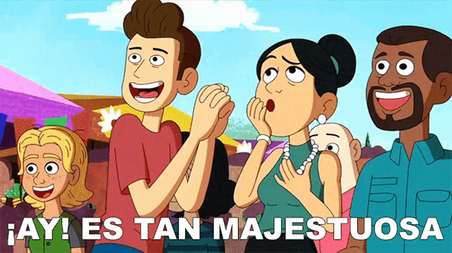 a cartoon of a group of people with the words ay es tan majestuosa