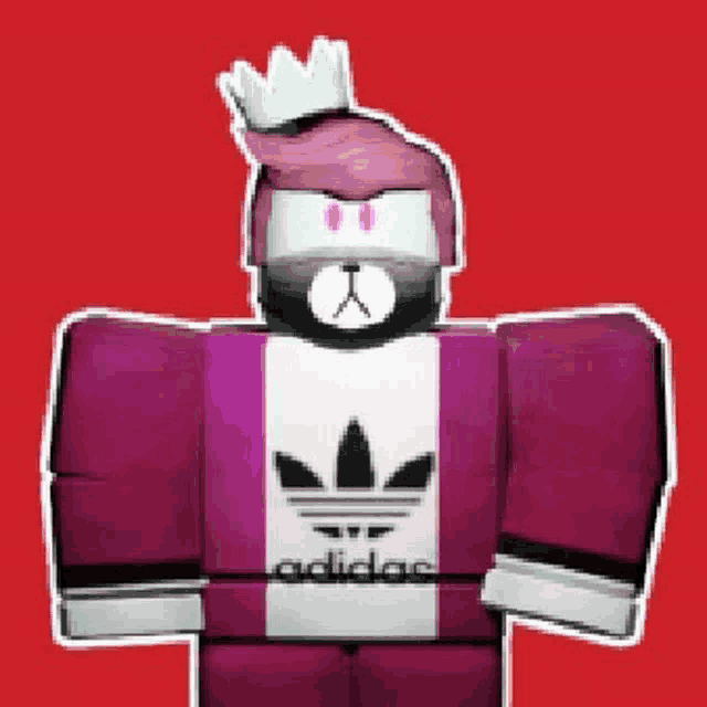 a roblox character with a crown on his head and a purple adidas shirt .