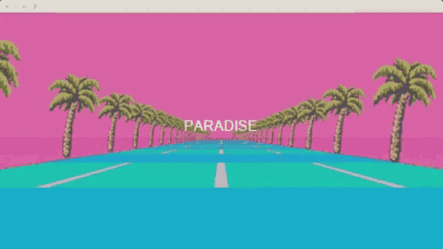 a computer screen shows a road with palm trees and the word paradise at the bottom