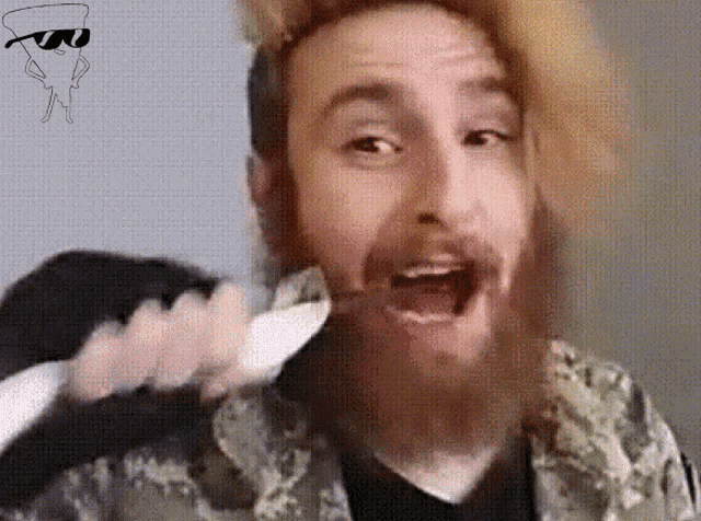 a man with a beard is brushing his teeth with a white toothbrush