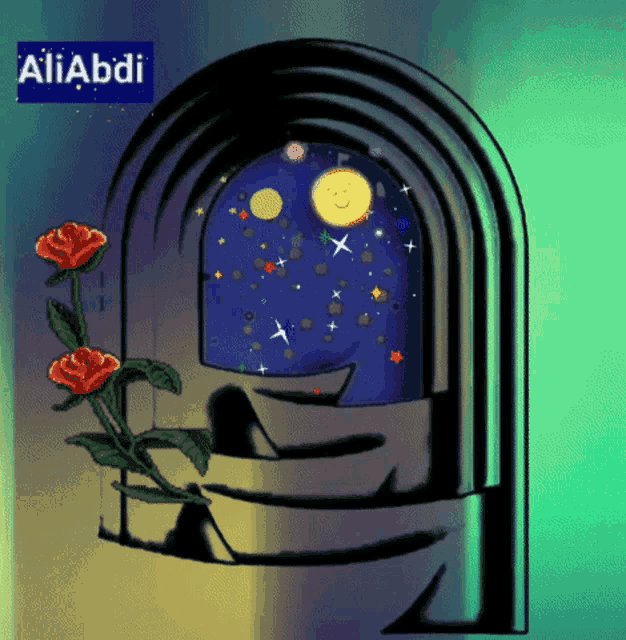 a cartoon drawing of a window with the name aliabdi on the top