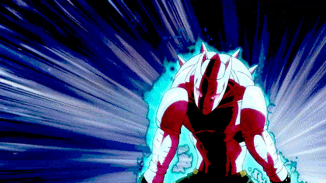 a red and white cartoon character with spikes on his head is standing in front of a blue background .