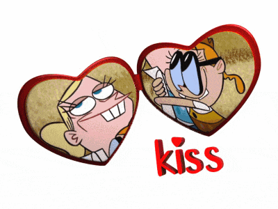 two cartoon hearts with the word kiss in red