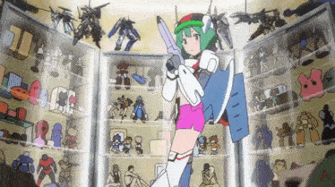 a cartoon of a girl holding a gun in front of a display case