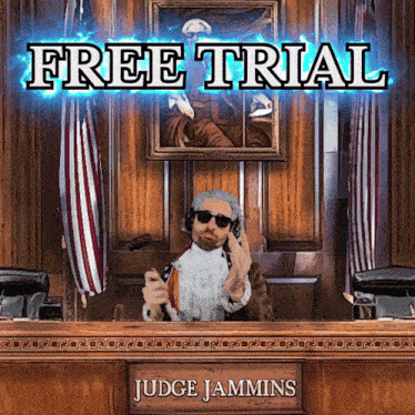 a man in a judge 's wig sits in front of a sign that says judge jamming