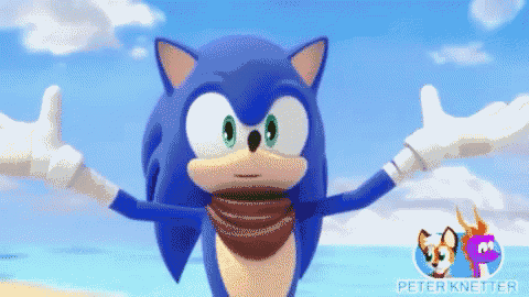 sonic the hedgehog is standing on a beach with his arms outstretched and giving a thumbs up .