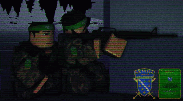 two soldiers are standing next to each other and one has a green bandana on his head that says army