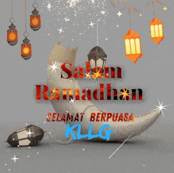 a greeting card with a crescent moon and lanterns that says " salam ramadhan "