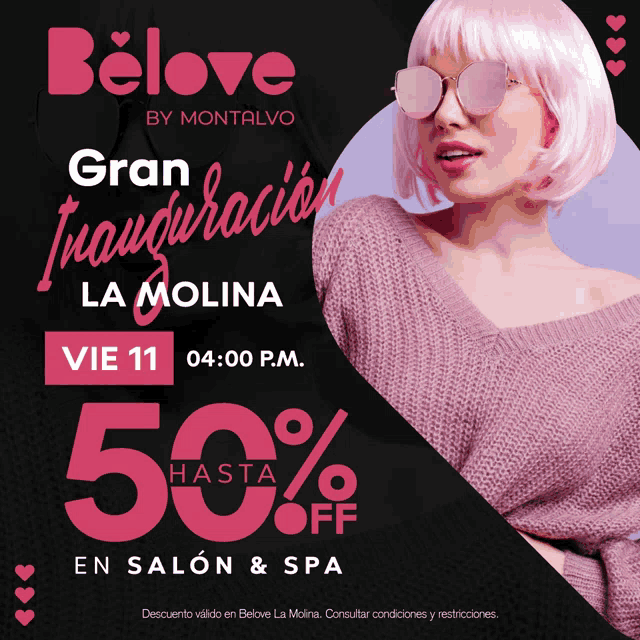 an advertisement for belove by montalvo shows a woman with pink hair and sunglasses