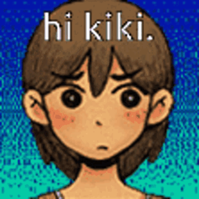 a close up of a cartoon character 's face with the words `` hi kiki '' written on it .