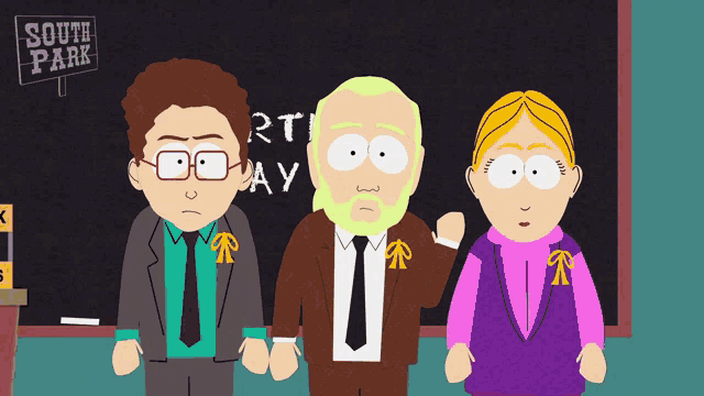 three cartoon characters stand in front of a south park sign