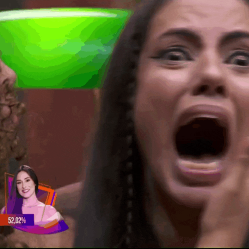 a close up of a woman 's face with her mouth open and a sign that says 52.02 %