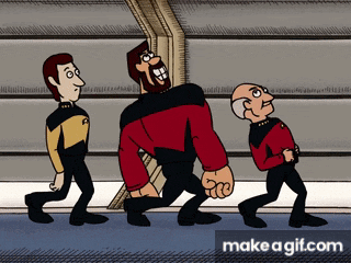 three cartoon characters are walking in a line with the words make a gif.com below them