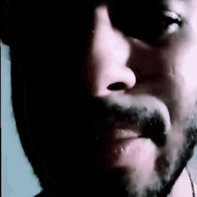 a close up of a man 's face with a beard and sunglasses .