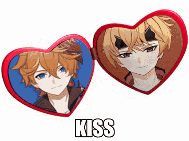 a heart shaped mirror with a picture of a boy on it and the words kiss below it