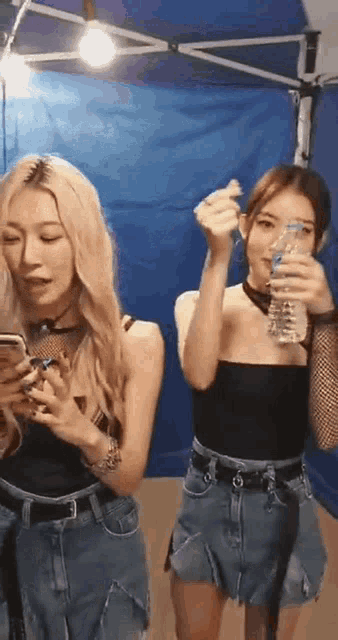 two women are standing next to each other looking at their phones .