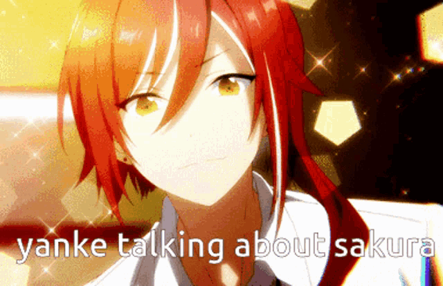 a picture of a red haired anime character with the words yanke talking about sakura below it