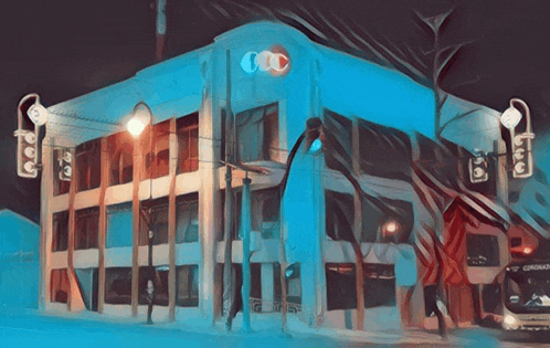a painting of a building with the letters cc on the top