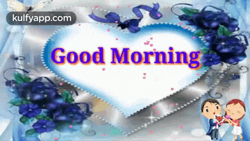 a good morning greeting card with a heart and purple flowers