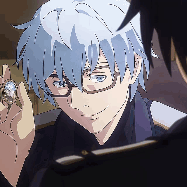 a man with blue hair and glasses is holding a pocket watch in his hand
