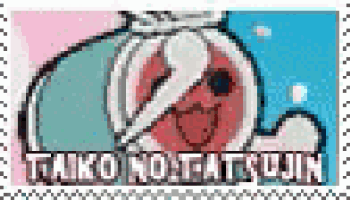 a postage stamp with a cartoon character and the words taiko no tatsujin .