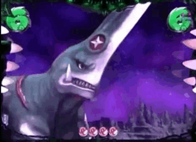 a cartoon of a dinosaur with a long nose and sharp teeth is being eaten by a monster in a video game .