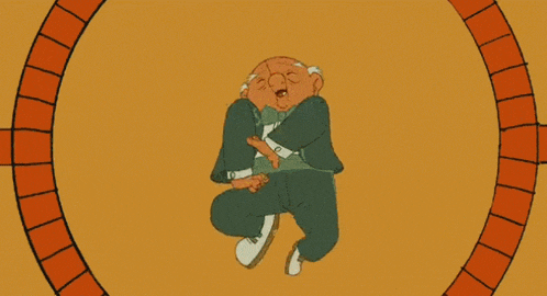 a cartoon of a man in a suit sitting in a circle with his mouth open .