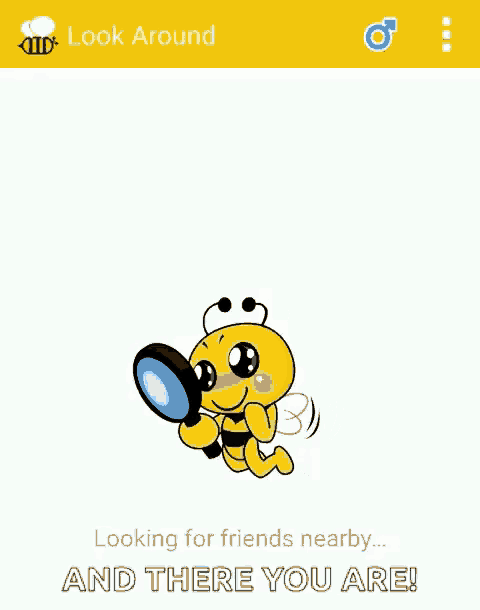 a cartoon bee is looking through a magnifying glass on a cell phone screen .