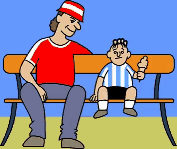 a cartoon of a man sitting next to a boy on a bench